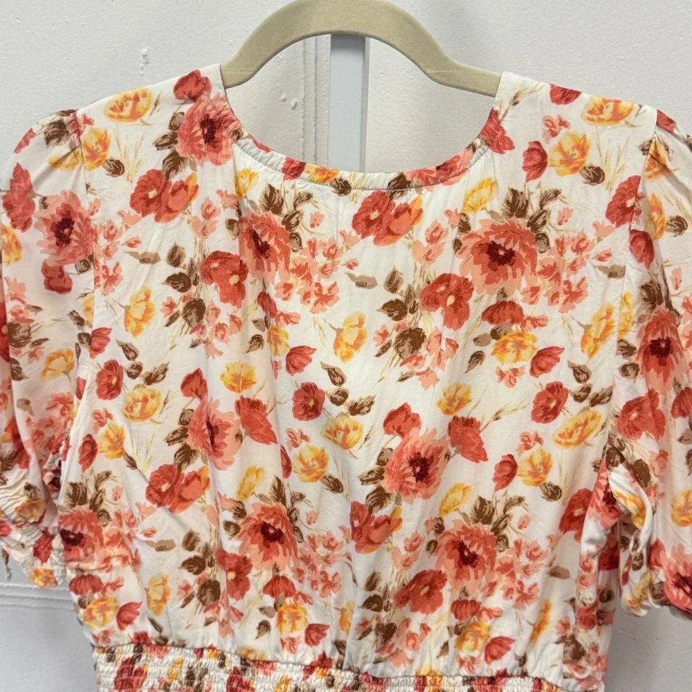 Abercrombie & Fitch Floral Smocked Waist Puff Sleeve V-Neck Blouse Orange Medium